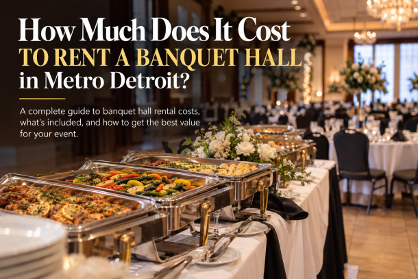 Infographic title reading "How Much Does It Cost to Rent a Banquet Hall in Metro Detroit?" with a background image of an elegant banquet hall setup.